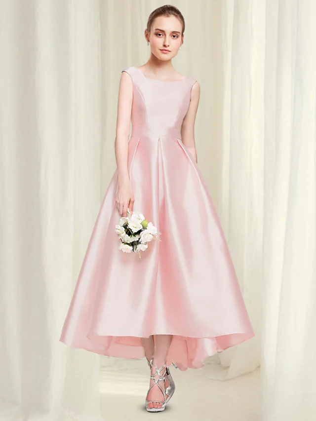 A-Linie Reformation Amante Minimalist Party Wear Verlobungskleid Juwel Hals Ärmellos Knöchellang Satin mit Sleek